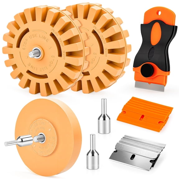 Eraser Wheel Decal Remover Tool Kit, 3 Upgraded Rubber Wheels with Razor Blade Scrapers & Drill Adapters, Removing Adhesive Stickers Vinyl Pinstripes Emblem Label Glue for Car Truck RV