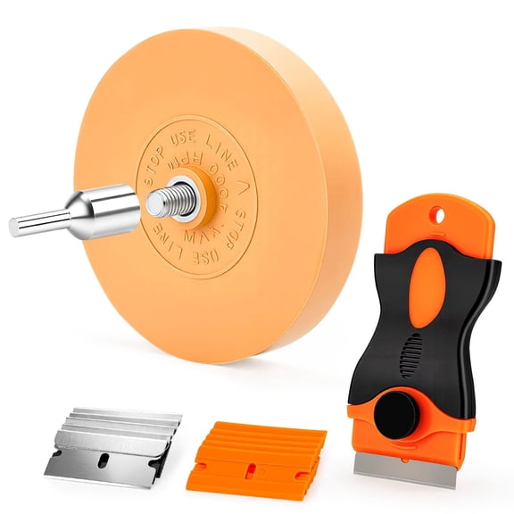 Eraser Wheel Decal Remover Tool Kit, 3 Upgraded Rubber Wheels with Razor Blade Scrapers & Drill Adapters, Removing Adhesive Stickers Vinyl Pinstripes Emblem Label Glue for Car Truck RV