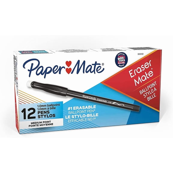 EraserMate Erasable Pen, Medium Point, Black, Box of 12