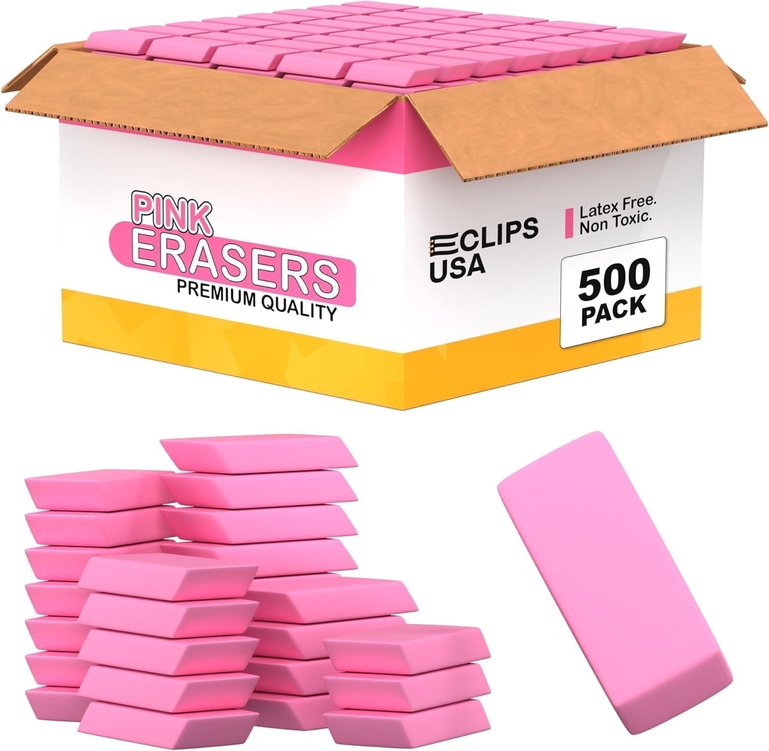 E-Clips USA Pink Pencil Erasers, Sturdy Smudge Free Large Erasers, 500-Pack