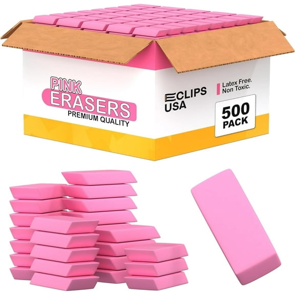 E-Clips USA Pink Pencil Erasers, Sturdy Smudge Free Large Erasers, 500-Pack
