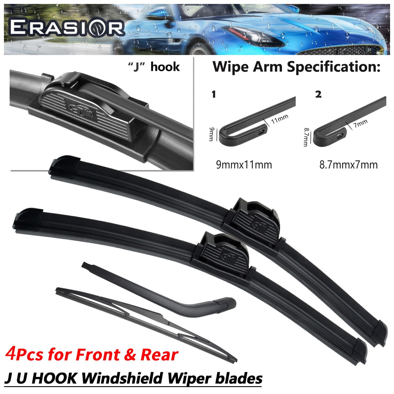 Erasior 26"+18"+16"+14" Premium Automotive Replacement Front and Rear Windshield Wiper Blades, Fit For Toyota Prius 2009-2004, 4pcs for All Weather, Y23J9Q3S