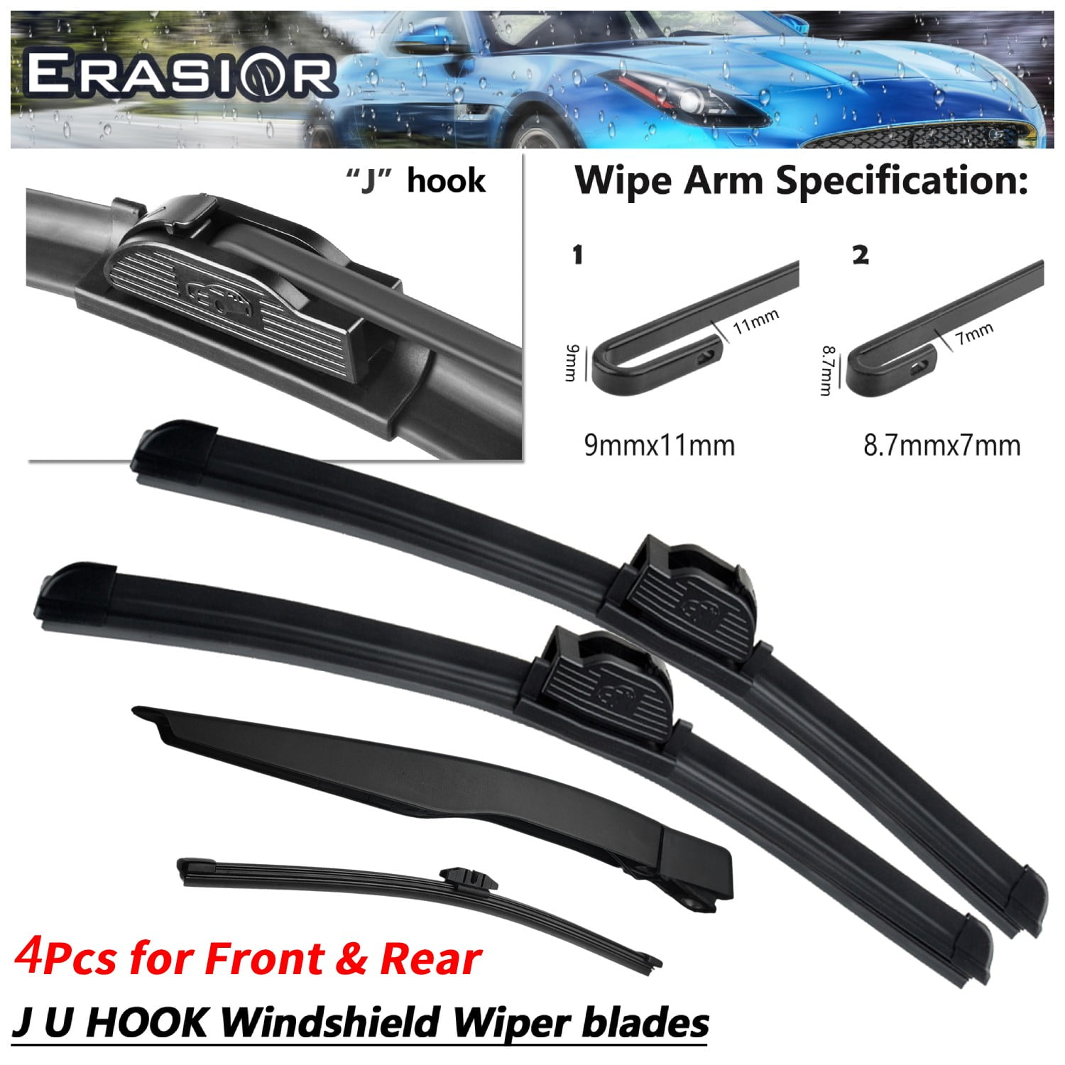 Erasior 26"+24"+11"+13.8" Premium Automotive Replacement Front and Rear Windshield Wiper Blades, Fit For Ford EcoSport 2021-2018, 4pcs for All Weather, Y22J7610S
