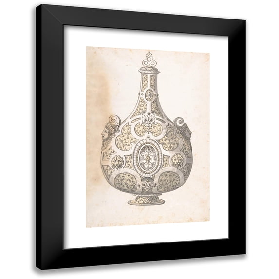 Erasmus Hornick 11x14 Black Modern Framed Museum Art Print Titled - Design for a Silver- Gilt Flask Decorated with Strapwork, Masks, Moresques (16th Century)