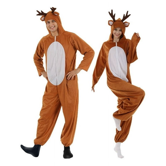 Eraspooky Adult Cute Reindeer Christmas Costume Santa Claus Deer Cosplay Outfit New Year Party Fancy Christmas Elk Animal Jumpsuit Pajamas Dress up Xmas Costumes L
