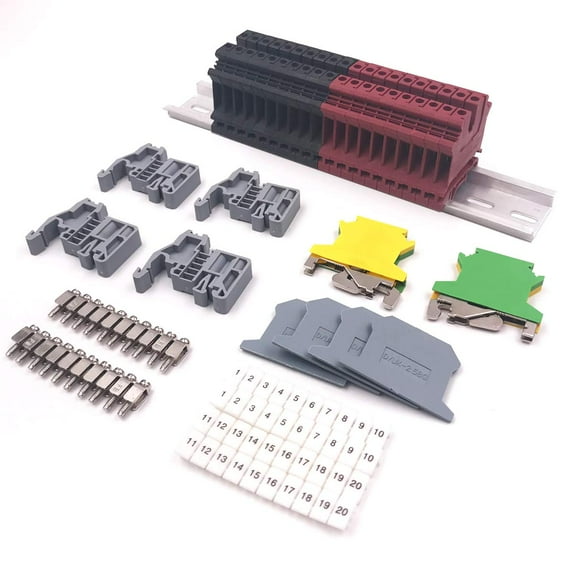 Erayco DIN Rail Terminal Blocks Kit, 20Pcs UK-2.5N 12 AWG Terminal Blocks, 2Pcs Ground Blocks, 2Pcs Fixed Bridge Jumpers, 4Pcs End Brackets, 4Pcs End Covers, 4Pcs Marker Strip, 1Pcs 8" Aluminum Rail