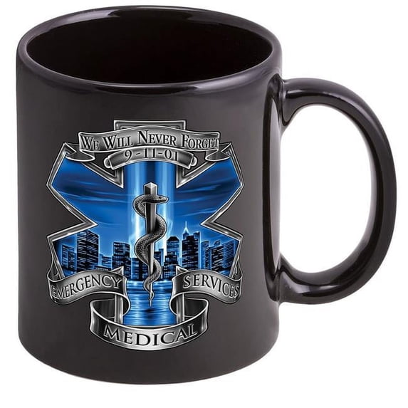Erazor Bits FF2103-CM10oz-024 10 oz Coffee Cup with 911 EMS Blue Skies EMS & EMT Logo Patriotic Stoneware Mug, Black - Set of 24