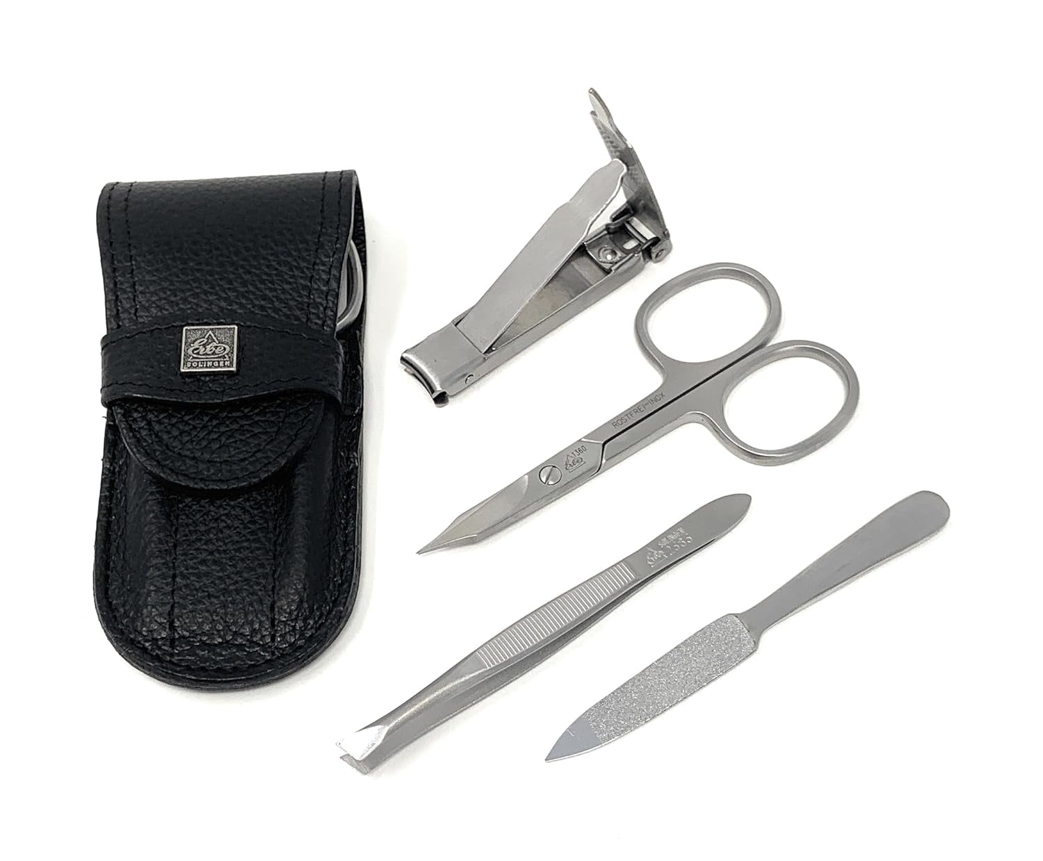 Erbe Solingen 4 pcs Surgical Stainless Steel German Manicure Set Grooming Kit In Luxury Genuine Leather Case Made in Solingen Germany With BONUS: SHPITSER Crystal glass Nail File