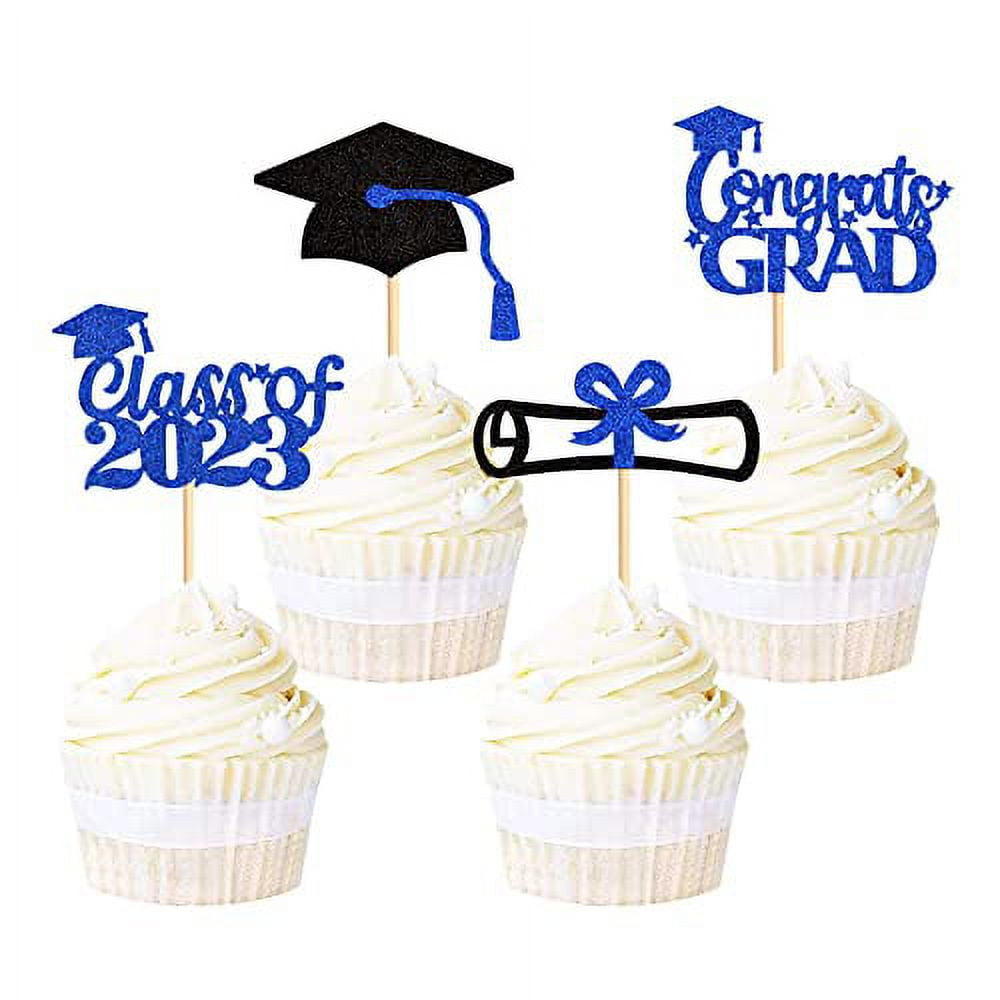 Ercadio 24 Pack 2023 Graduation Cupcake Toppers Blue Glitter Grad Cap