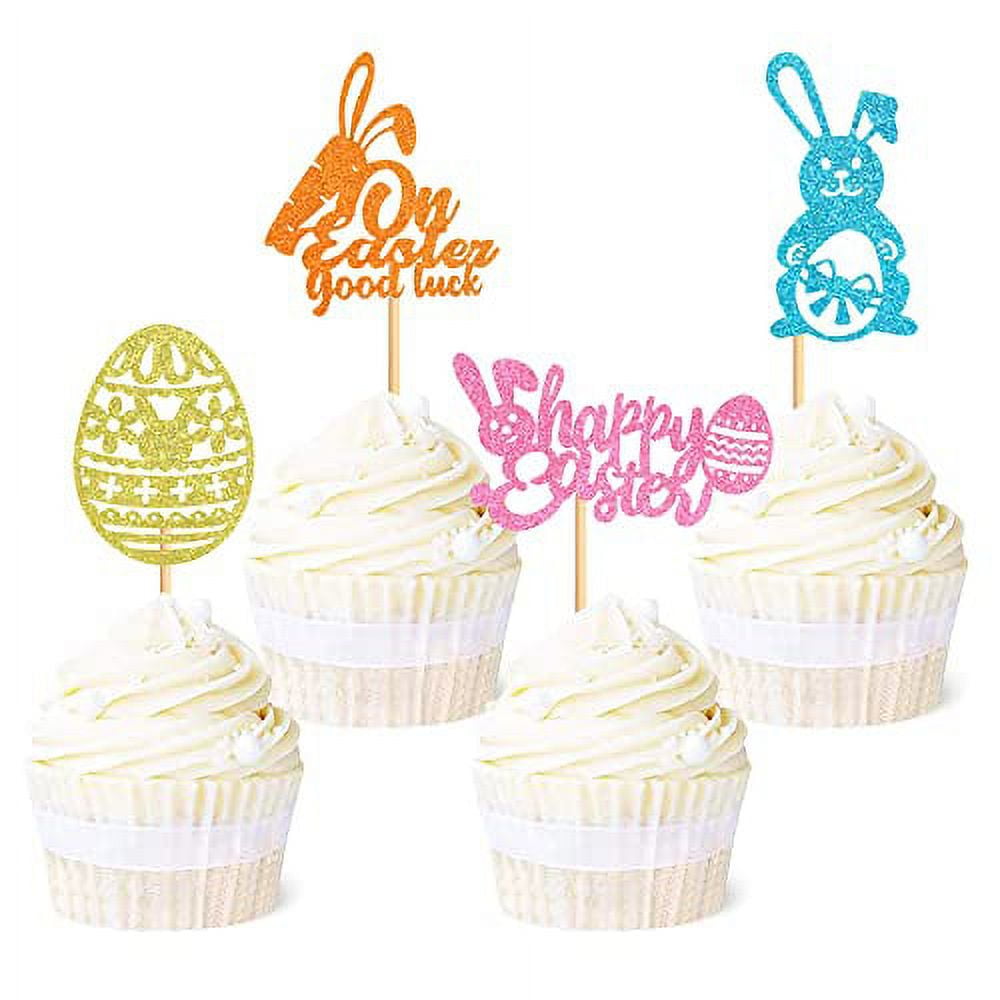 Ercadio 24 Pack Happy Easter Cupcake Toppers Glitter Bunny Easter Eggs Cupcake Picks on Easter Good Luck Cupcake Decors Baby Shower Birthday Easter Party Supplies