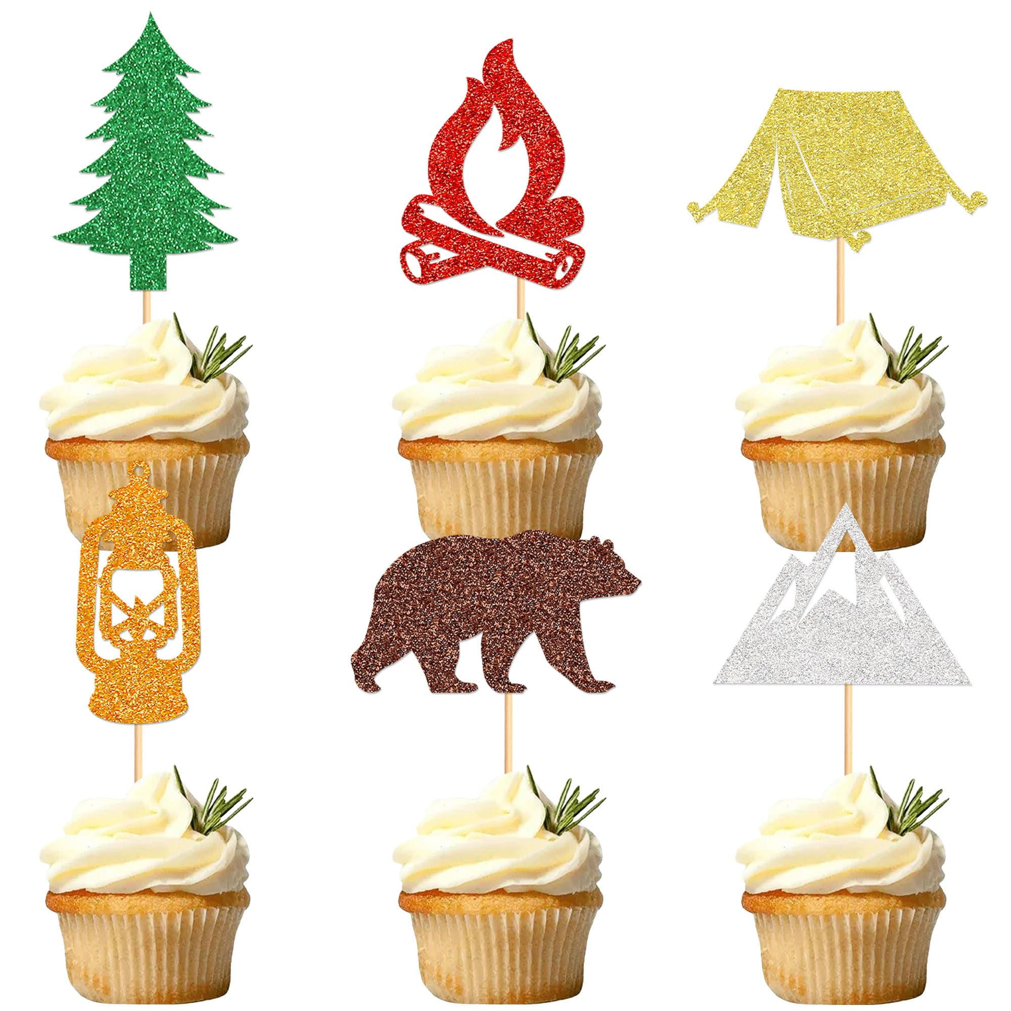 Ercadio 30 PCS TWE5Camper Themed Cupcake Toppers - Tree Bear Tent Bonfire Peak Cake Picks - Camper Cake Decorations for Weekend Outdoor Lumberjack Theme Birthday Party Supplies