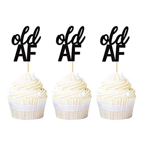 Ercadio 36 Pack Black Old AF Cupcake Toppers Glitter Old Birthday Cupcake Picks 40th 50th 60th 70th 80th 90th Birthday Retirement Party Cake Decorations Supplies
