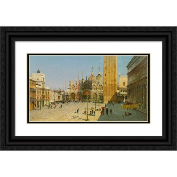 Ercole Calvi 24x15 Black Ornate Framed Double Matted Museum Art Print Titled: Piazza San Marco