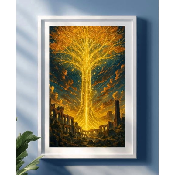 Erdtree Elden Ring Landscape Poster, Glowing Golden Fantasy Tree Wall Art Print , Poster Print Only