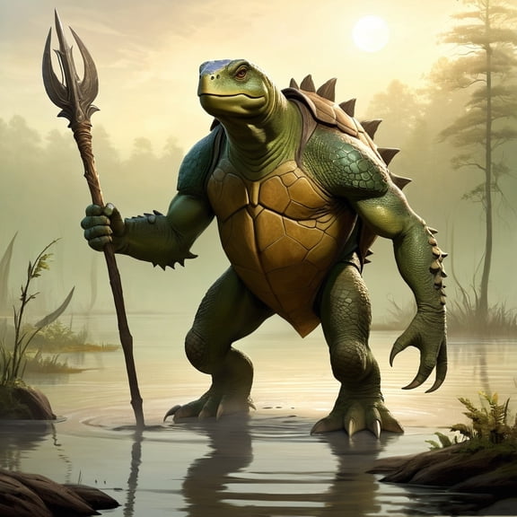 An Erect Bipedal Creature Resembling A Mixture Of Humanoid Turtle And Dinosaur Stands In The Mist Swamp It Holds Wooden Spear Its Hand Puzzle for Adult Accessories 300 PCS