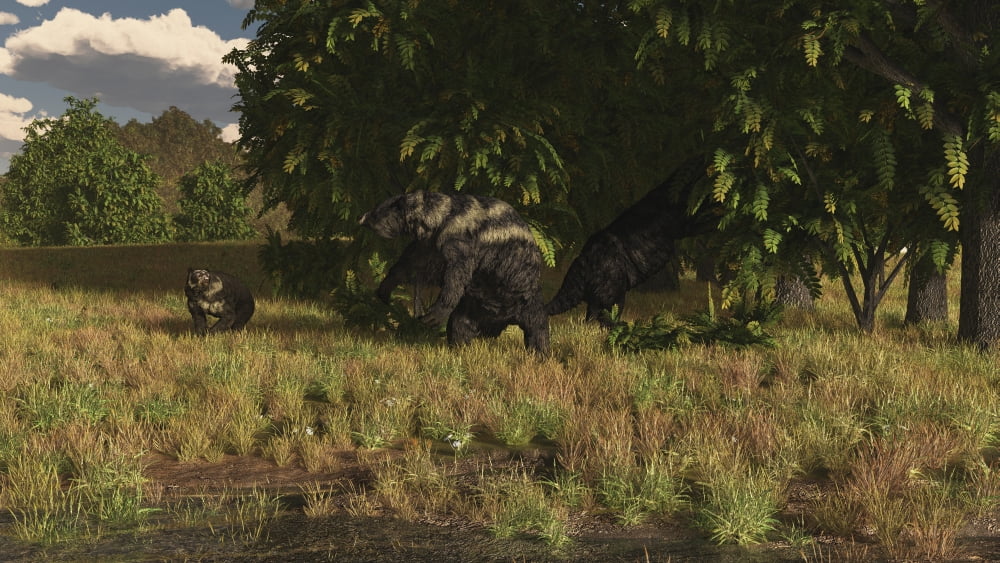 Eremotherium approaches a pair of Arctodus grazing on trees Canvas Art - Arthur DoretyStocktrek Images (19 x 11)
