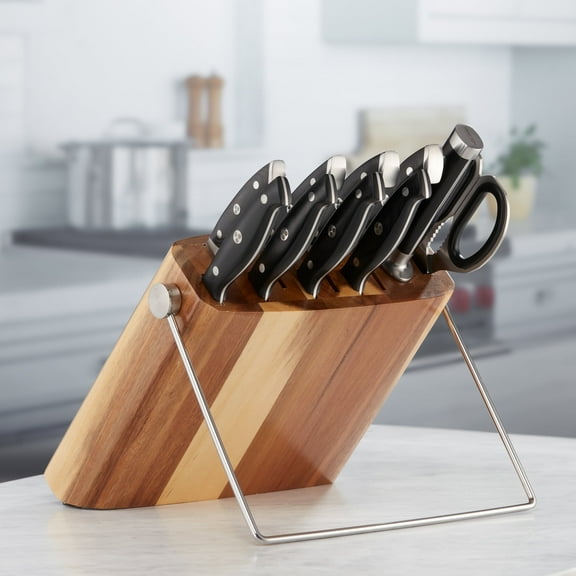Ergo Chef 11pc Pro Series 2.0 Knife Block Set Forged High Carbon Stainless Steel Blades, Ergonomic Black Handles, Acacia Wood Knife Block