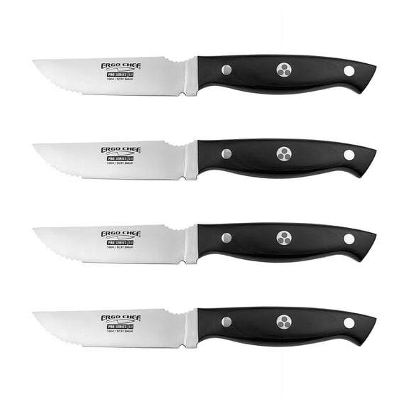 Ergo Chef Pro Series 2.0 Steak Knife Set 4pc. High Carbon Stainless Steel Black Pakkawood Handle, Unique Steakhouse Style w/ Straight Edge with Serrated Tip