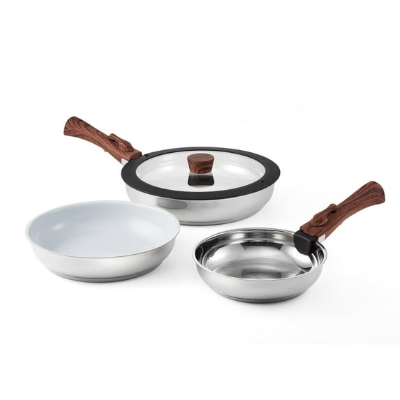 Ergo Chef Pro Series 8pc Smart Pan Set, Removable Handles, Space Saving Nesting, Electric, Gas & Induction Cooking, RVs & Camping, Stainless Steel & Ceramic w/ Glass Lid