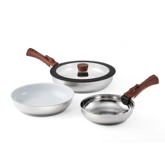 Ergo Chef Pro Series 8pc Smart Pan Set, Removable Handles, Space Saving Nesting, Electric, Gas & Induction Cooking, RVs & Camping, Stainless Steel & Ceramic w/ Glass Lid