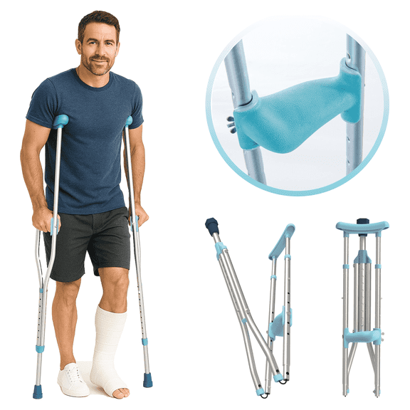 ErgoWalk Foldable Crutches for Adults and Youth, 3X Ergonomic Grips, Adjustable 4 ft 10 in-6 ft 4 in, 250 lb, French Blue Pair