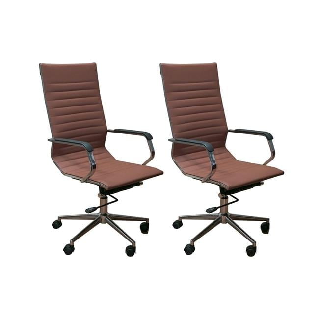 Brown High Back Leather and Metal Swivel Office Chairs, Set of 2