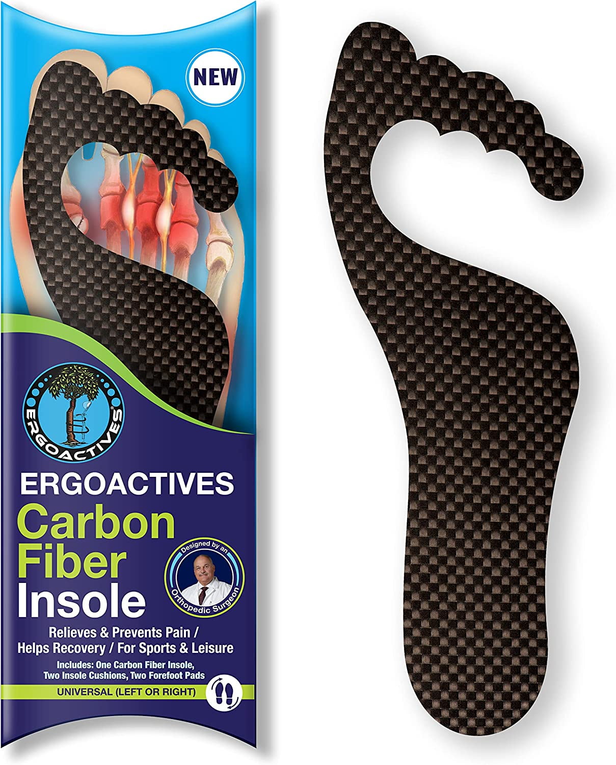 Ergoactives Ergo Carbon Fiber Insole Plus Rigid Support with Padding for Foot (Size Women's 8