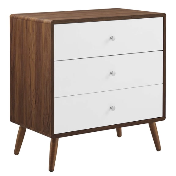 Ergode 3-Drawer Chest of Drawers - Mid-Century Design, White Lacquer Drawers, Walnut Grain Laminate, Ample Storage Space, Easy Access, Tapered Legs