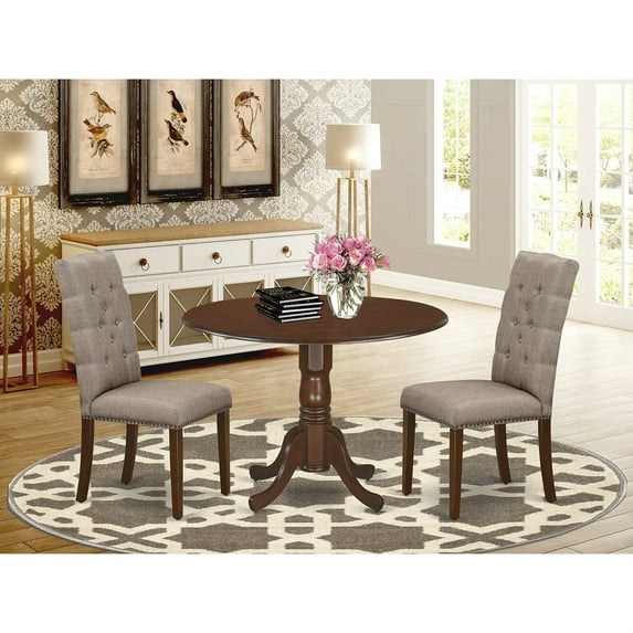 Ergode 3-Pc Dinette Table Set | Rubber Wood | Mahogany Finish | Linen Fabric Chairs | Compact Round Table | Easy Assembly | Small Spaces