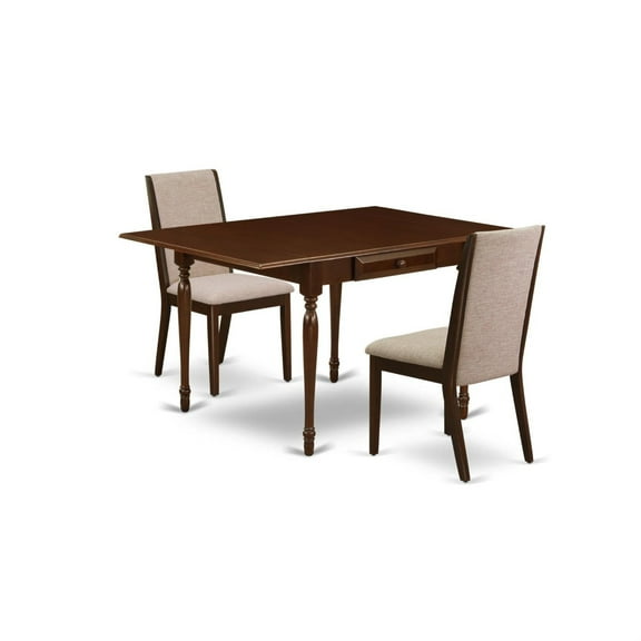 Ergode 3-Pc Dining Kitchen Table Set | Drop Leaves Table & 2 Fabric Chairs | Rubber Wood | Mahogany Finish | Compact Design | Linen Fabric Cushions | Easy Assembly | Customer Satisfaction Guaranteed