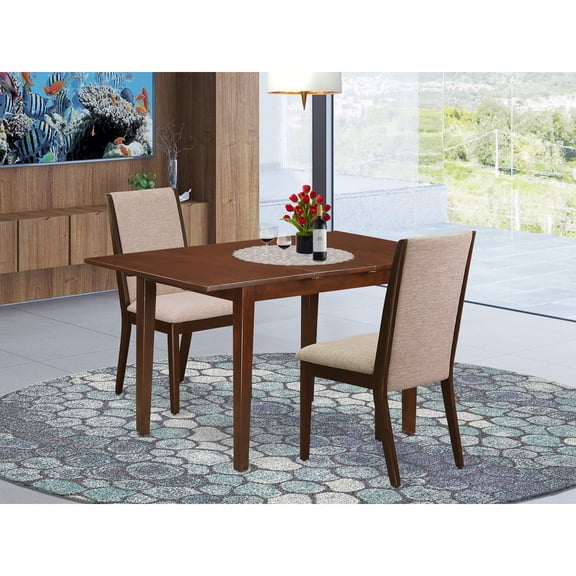 Ergode 3-Pc Mid Century Dining Table Set | Rubber Wood | Butterfly Leaf Table & 2 Parson Chairs | Mahogany Finish | Compact Design | Easy Assembly | Linen Fabric Cushion | L48/60 x W32 x H30