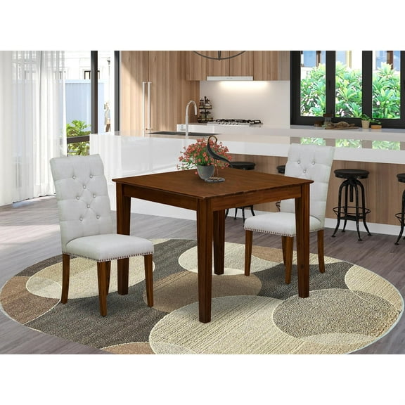 Ergode 3-Pc Modern Dining Table Set | Rubber Wood | Mahogany Finish | Compact Design | Linen Fabric Cushion | Easy Assembly | Dark Khaki | 36x36x30