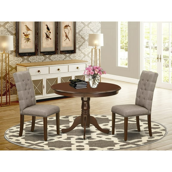 Ergode 3-Pc Table and Chairs Dining Set | Solid Rubber Wood | Mahogany Finish | Compact Design | Cushioned Linen Fabric Seats | Easy Assembly | Satisfaction Guaranteed