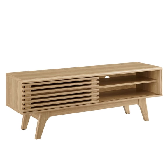 Ergode 48 TV Stand - Sleek Mid-Century Design, Walnut Grain Veneer, Slatted Sliding Door, Cable Management, Solid Wood Legs