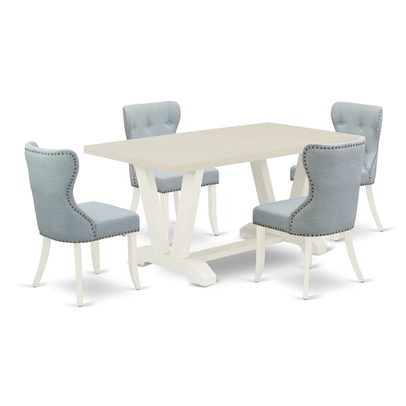 Ergode 5-Pc Dining Table Set, Wooden Table with V-Legs & 4 Baby Blue Linen Chairs, 36x60 Inch, Easy Assembly & Cleaning
