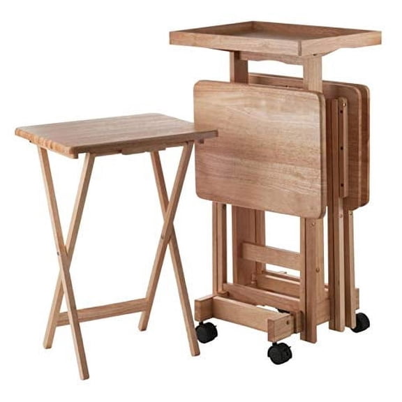 5-Piece Natural Wood Folding Snack Table Set with Rolling Storage Stand and Removable Serving Tray - Fully Assembled