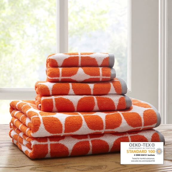 Ergode 6 Piece Towel Set - Reversible Design, Vibrant Orange Geometric Print, Luxuriously Soft, OEKO-TEX Certified, Sustainable & Socially Responsible, Machine Washabl