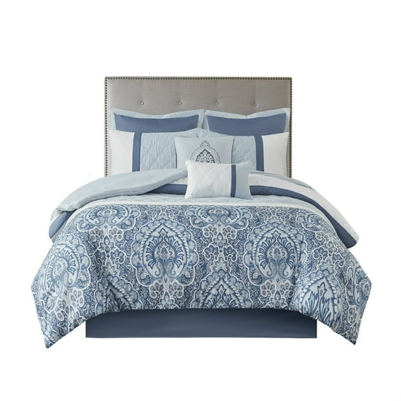 Ergode 8 Piece Comforter Set - Diamond Quilted Design, Blue and White Damask Print, Ultra-Soft Microfiber Fabric - King Size
