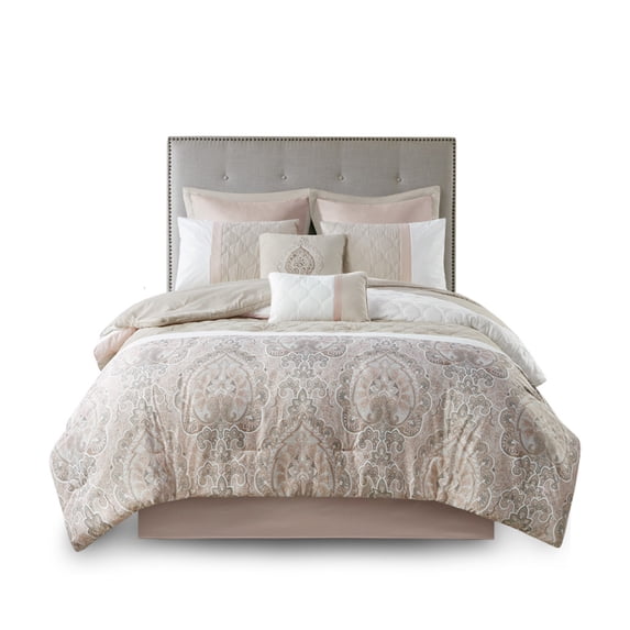 Ergode 8 Piece Comforter Set - Sophisticated Charm, Diamond Quilting, Blush & Taupe Damask Print, Ultra-Soft Microfiber, Matching Shams & Euro Shams