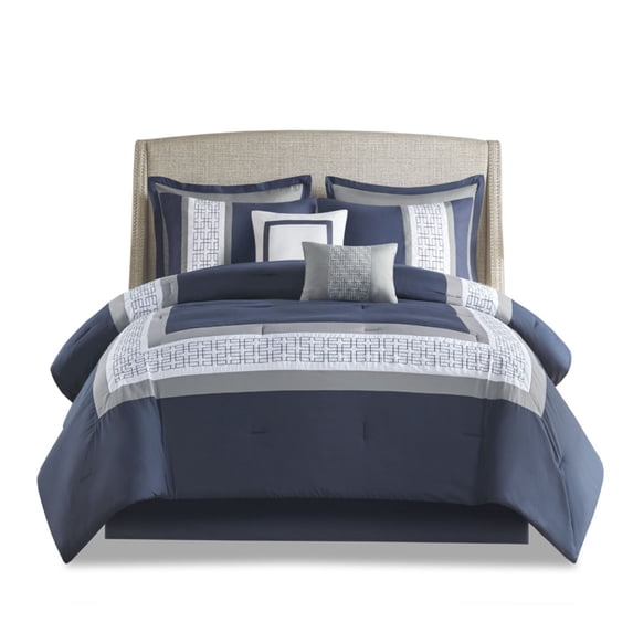 Ergode 8 Piece Embroidered Comforter Set - King Size, Navy, Hotel Style, Embroidered Border, Hypoallergenic, Machine Washable