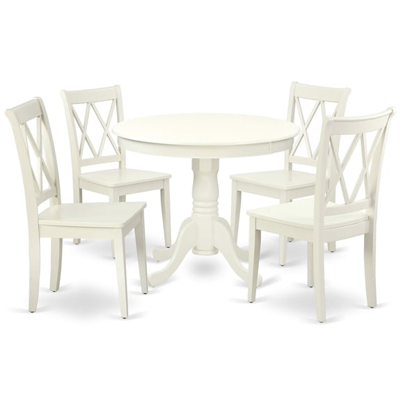 Ergode ANCL5-LWH-W, 5-Piece Dining Table Set, Wood, Traditional & Modern Decor, Asian Rubber Wood, Double X-Back Chairs, Round Table, Easy to Assemble, 36x36 Inch