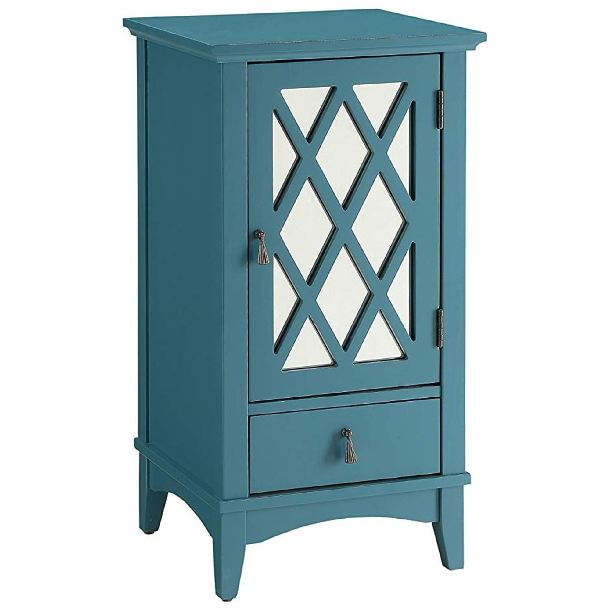 Teal Mirrored Glass Door Accent Table with Storage