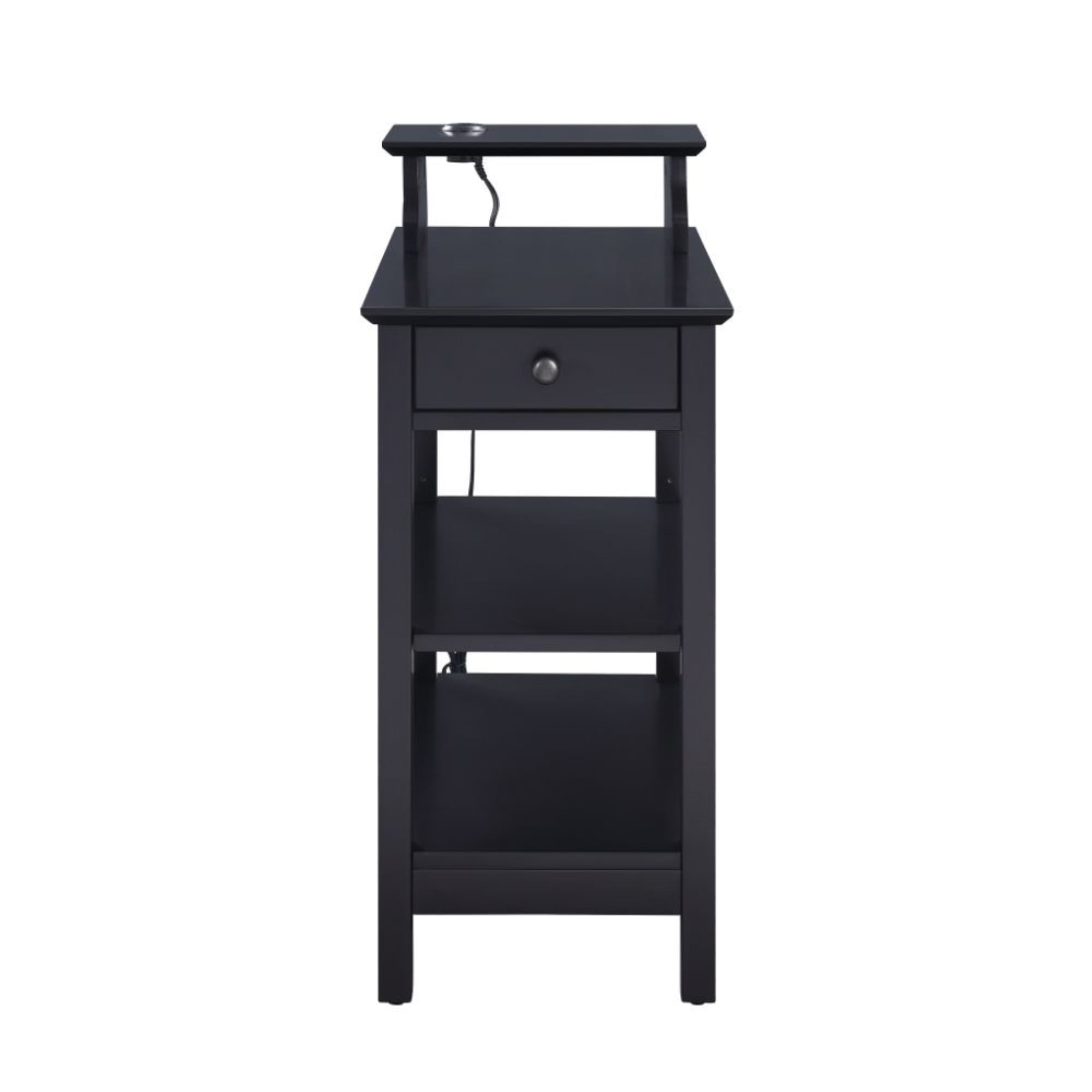 Black Wood Rectangular Side Table with USB Charging Dock