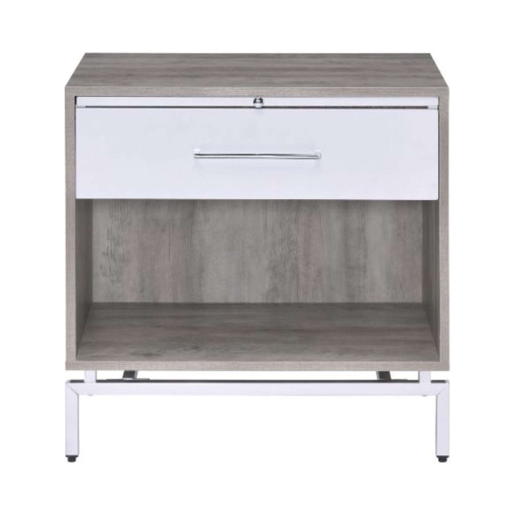 Weathered Gray Oak & White Metal Accent Table with Storage