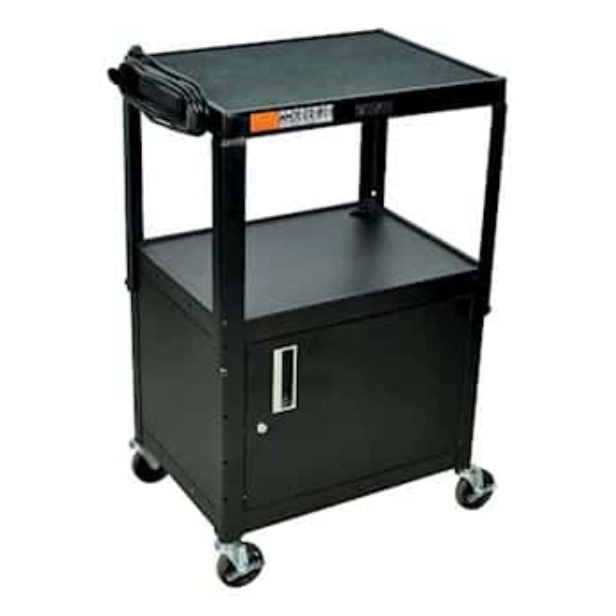 Adjustable-Height Black Alloy Steel AV Cart with Lockable Cabinet
