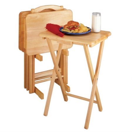 Ergode Wood Alex 5-Piece Snack Table Set - Stylish Folding Tables, Durable X-Frame Base, Convenient Upright Stand, Easy Assembly, Perfect for Entertaining, Clear Lacquer Finish.