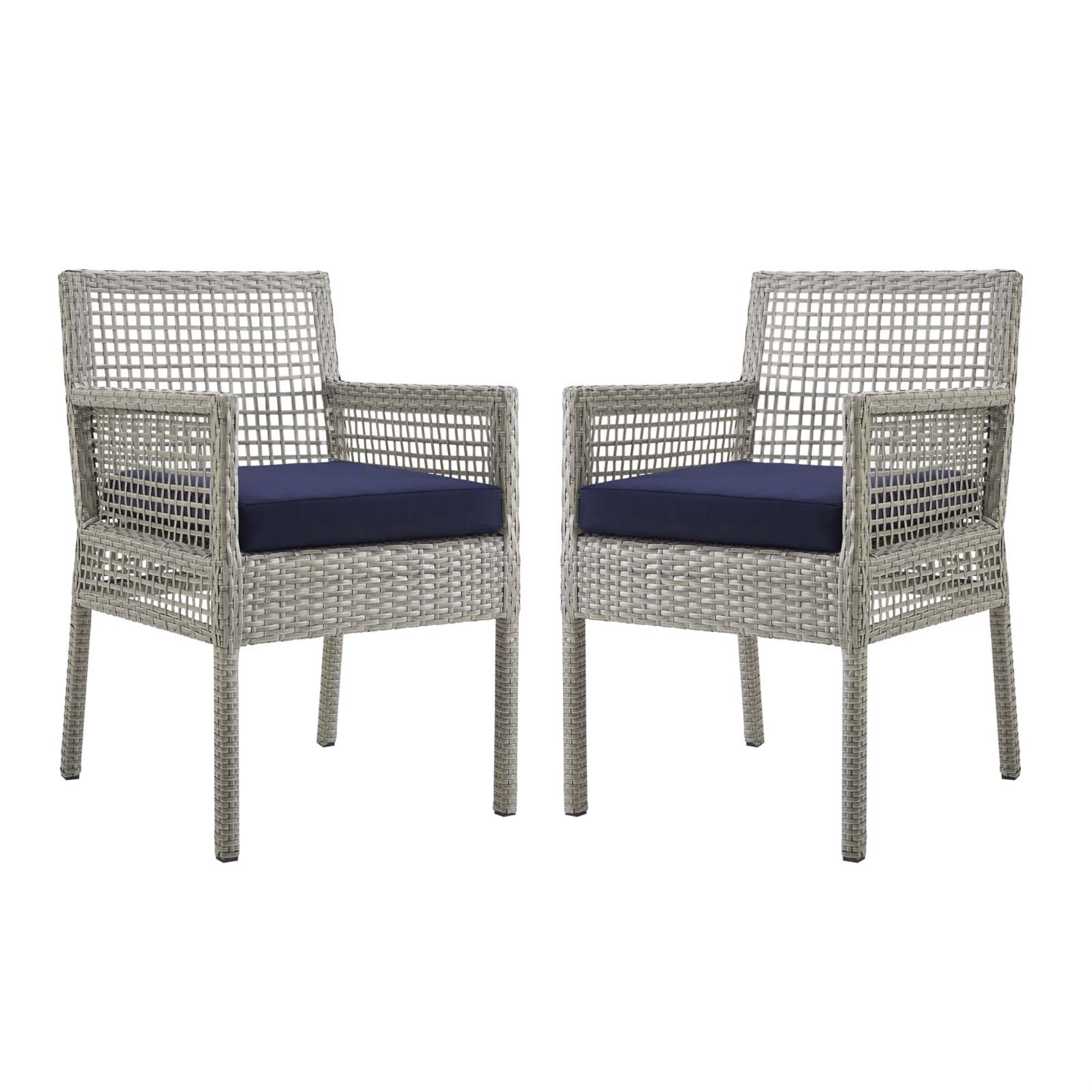 Gray Wicker Rattan Outdoor Dining Chairs with Navy Cushions