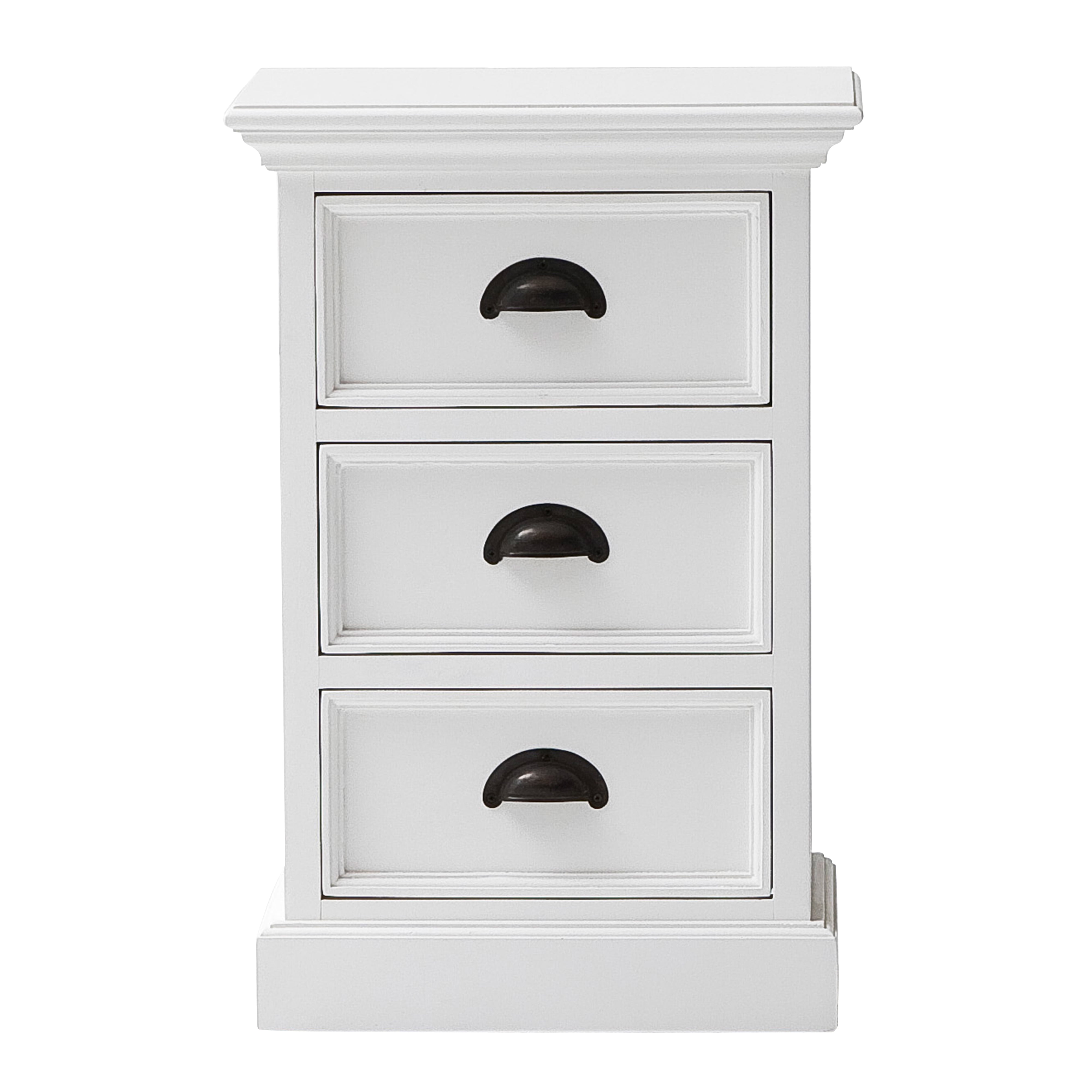 White Mahogany 3-Drawer Bedside Table with Antique Brass Hardware