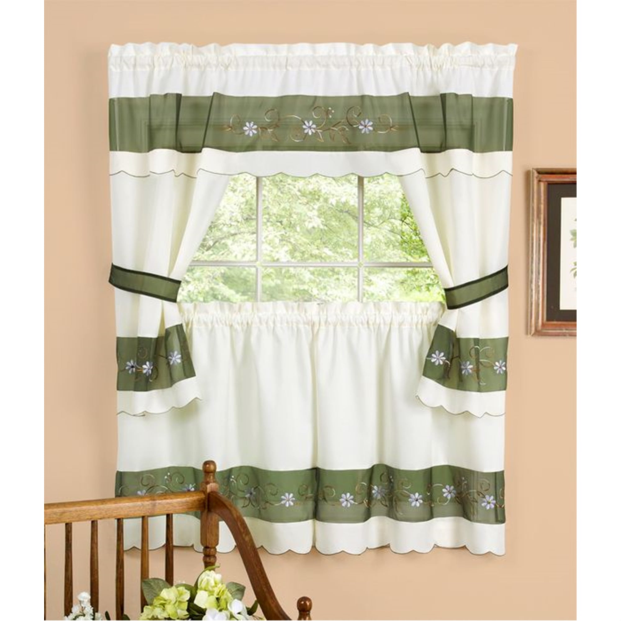 Green and White Floral Embellished Cottage Curtain Set, 58 x 24