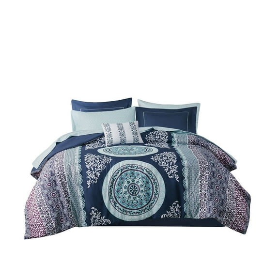 Ergode Boho Comforter Set with Bed Sheets - Vibrant Medallion Print in Navy and Purple - Includes Shams, Decorative Pillow, and Bed Skirt - OEKO-TEX Certified for Quality and Comfort